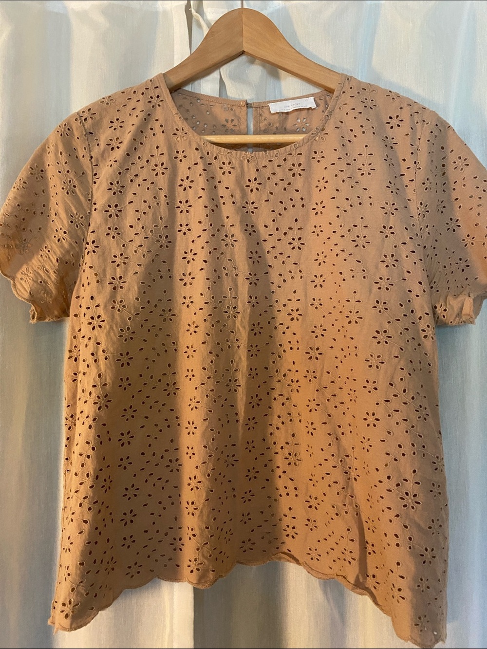 OAK + FORT Tan Eyelet Short Sleeve Blouse